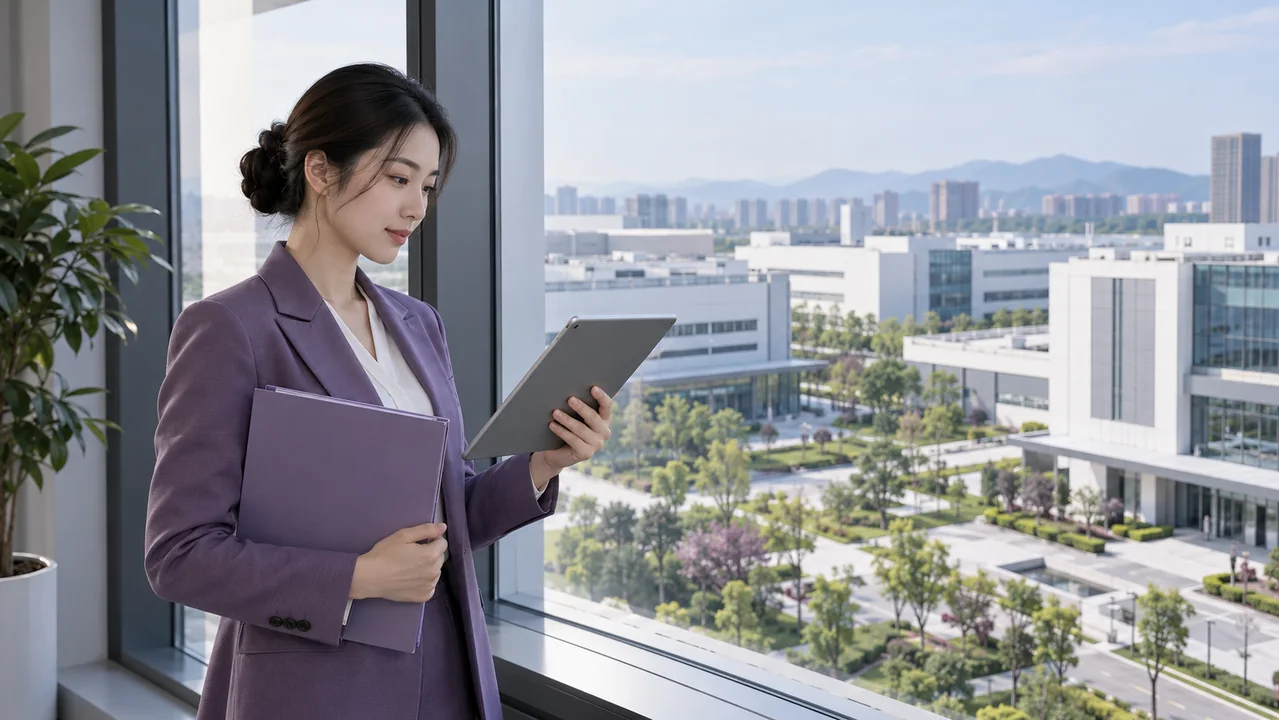 Supply-review specialist assessing documents beside an industrial-campus view.