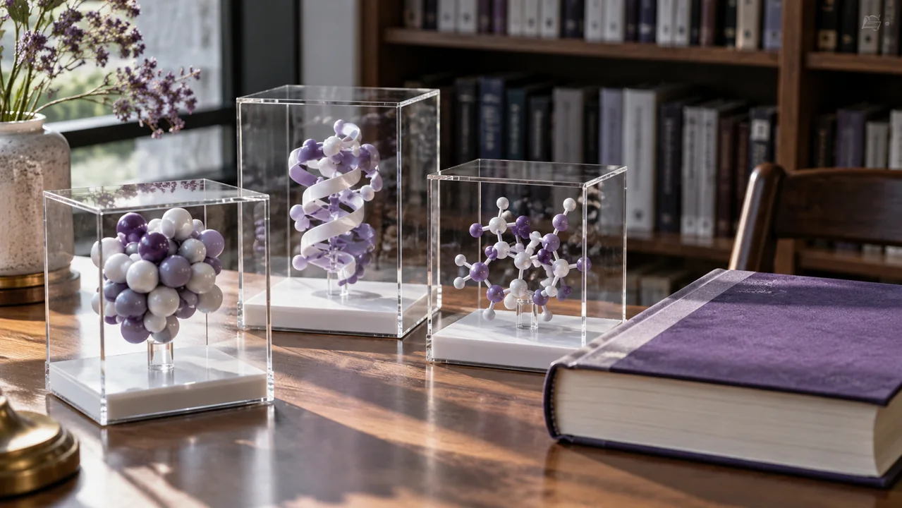 Different molecular teaching models beside a material-classification reference.