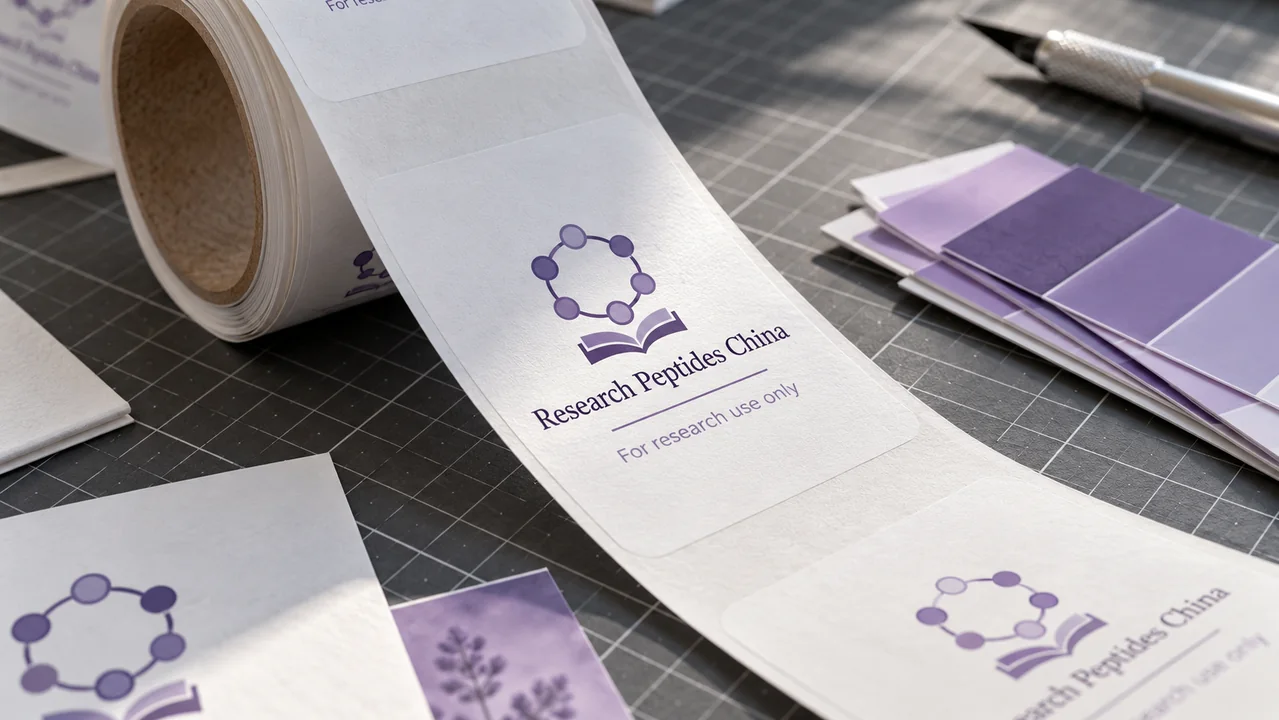 Research-use label proofs and violet brand color swatches.