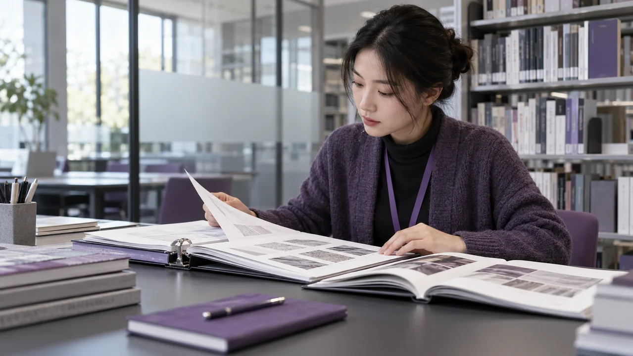 Scientific reader comparing material specification references in a library.