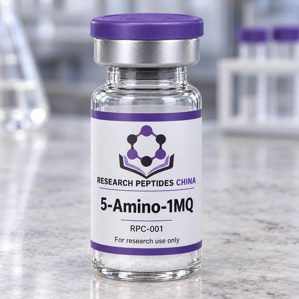 5-Amino-1MQ research vial with Research Peptides China logo and research-use label