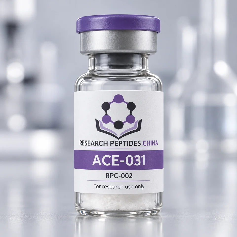 ACE-031 research vial with Research Peptides China logo and research-use label