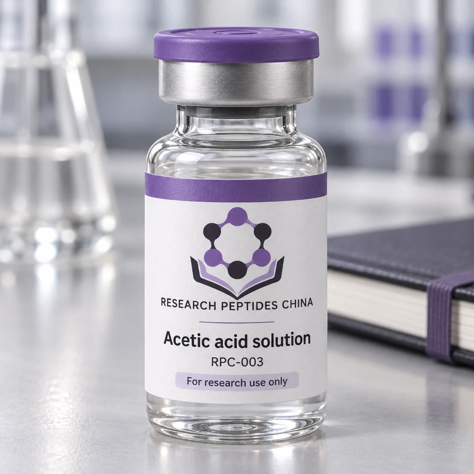 Acetic acid solution research vial with Research Peptides China logo and research-use label