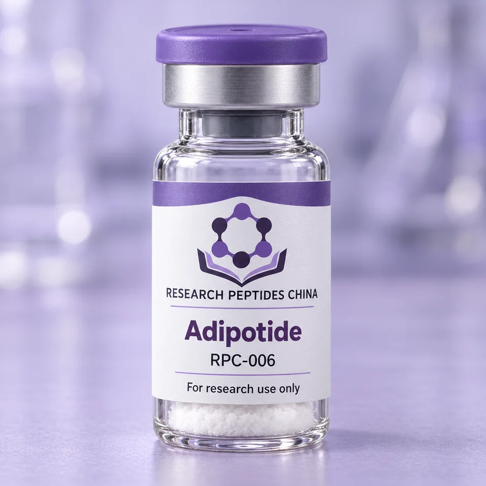 Adipotide research vial with Research Peptides China logo and research-use label