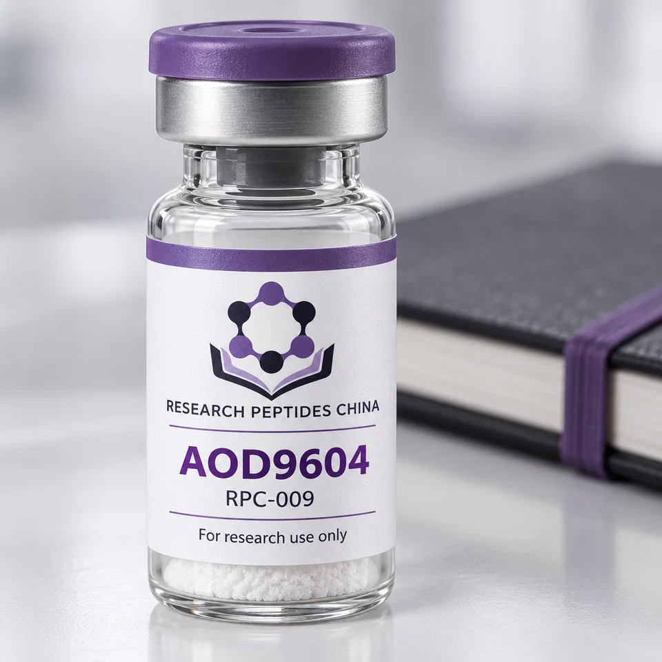 AOD9604 research vial with Research Peptides China logo and research-use label