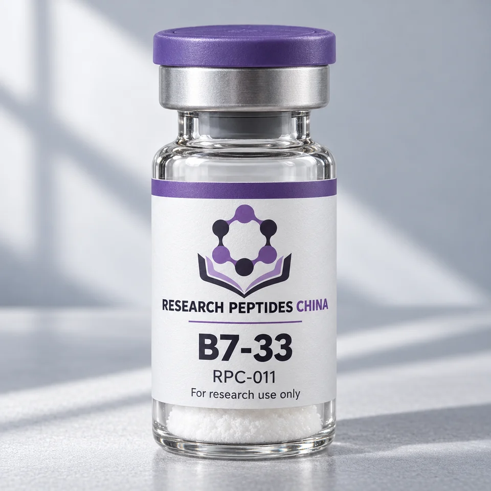 B7-33 research vial with Research Peptides China logo and research-use label