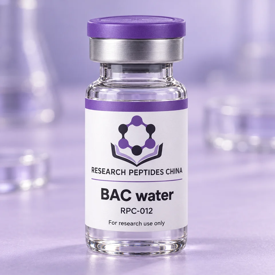 BAC water research vial with Research Peptides China logo and research-use label