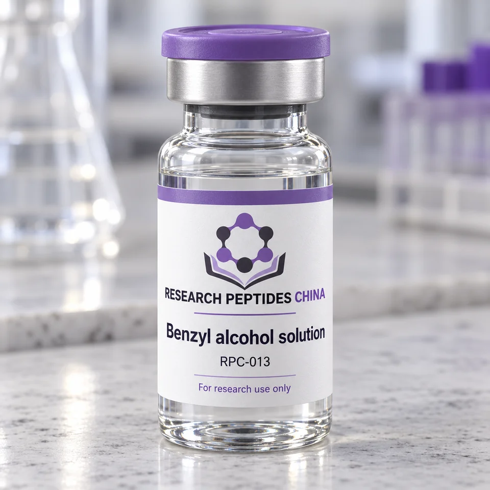 Benzyl alcohol solution research vial with Research Peptides China logo and research-use label