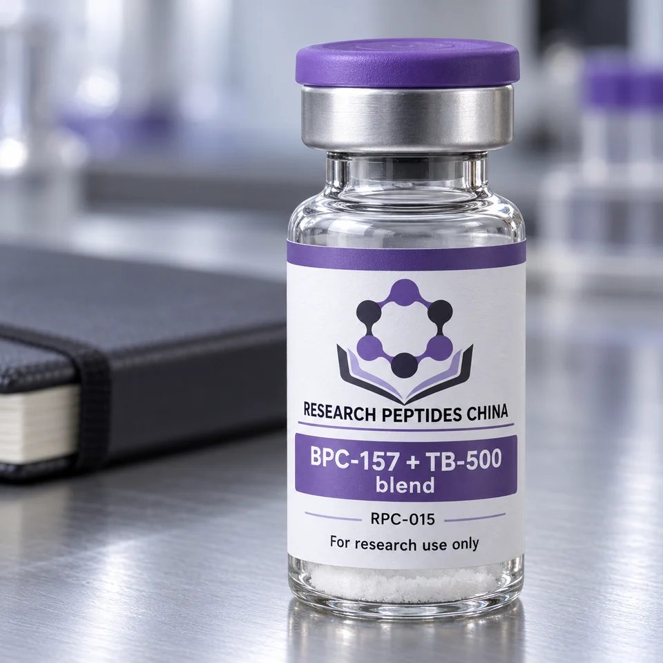 BPC-157 + TB-500 blend research vial with Research Peptides China logo and research-use label