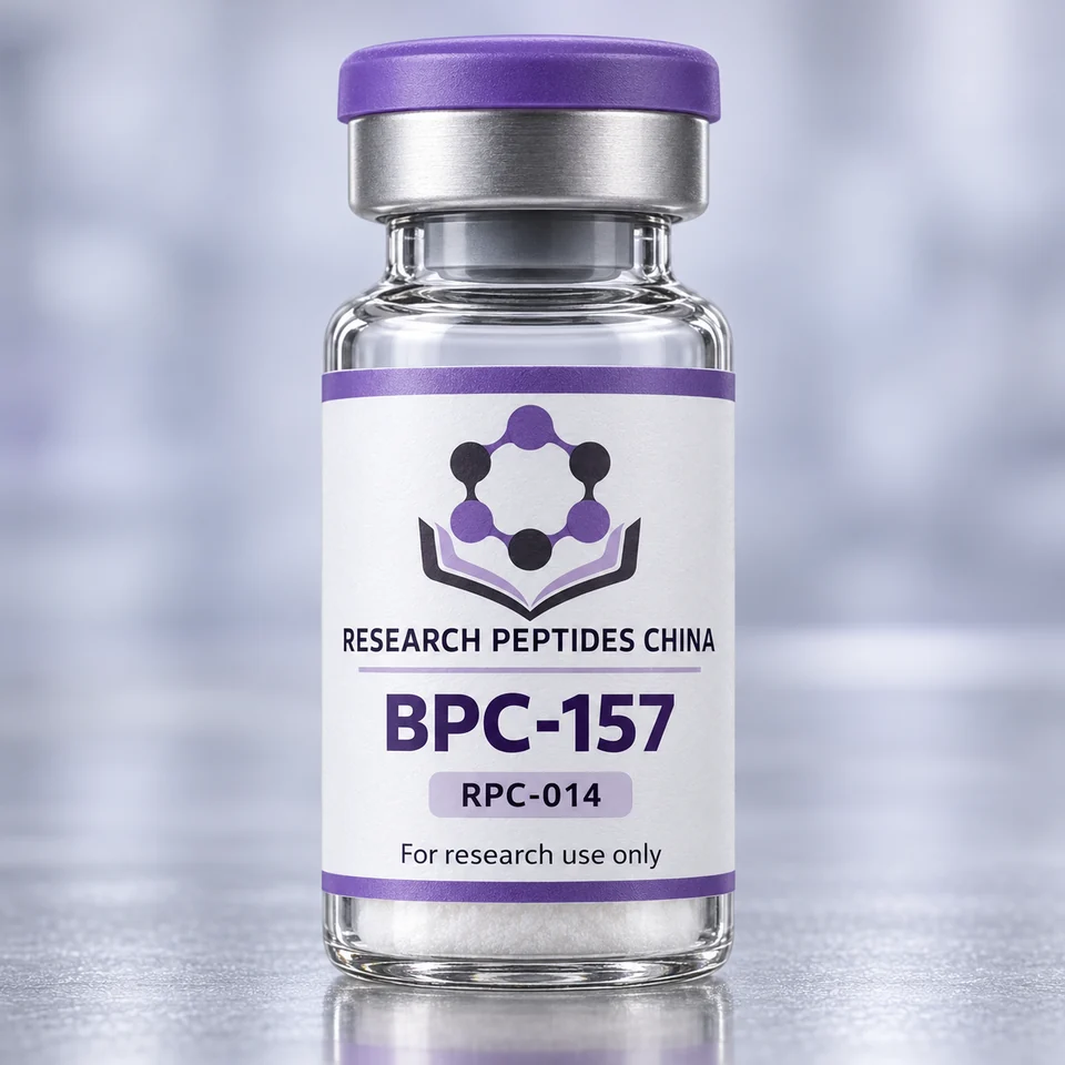 BPC-157 research vial with Research Peptides China logo and research-use label