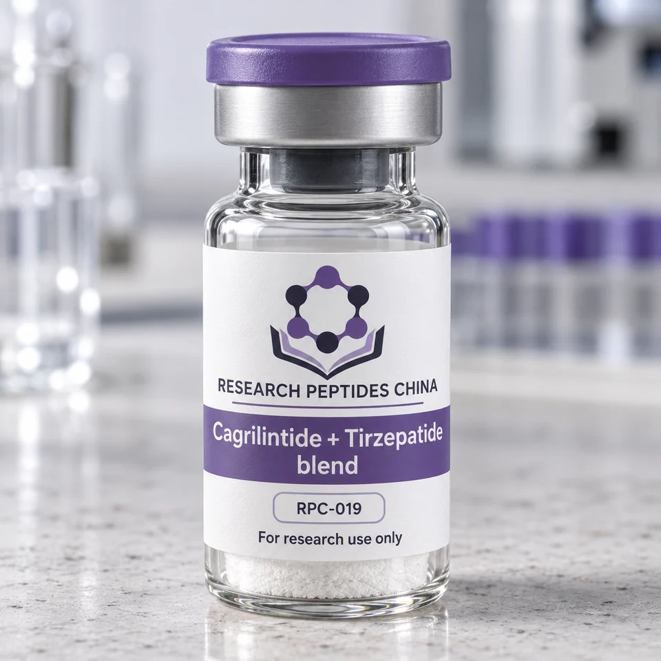 Cagrilintide + Tirzepatide blend research vial with Research Peptides China logo and research-use label