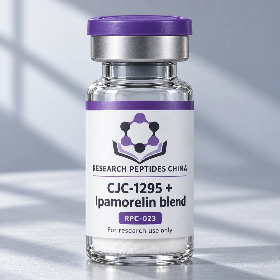 CJC-1295 + Ipamorelin blend research vial with Research Peptides China logo and research-use label