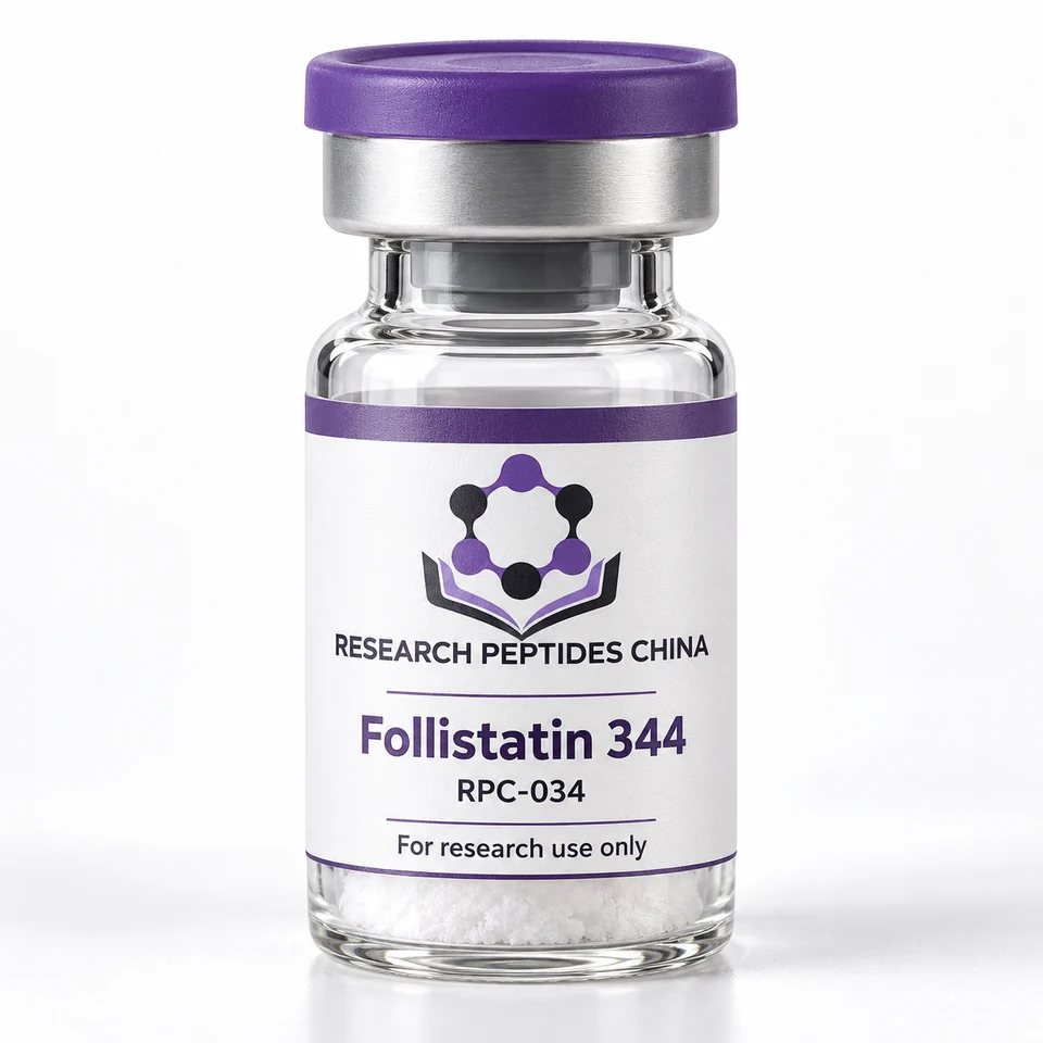 Follistatin 344 research vial with Research Peptides China logo and research-use label