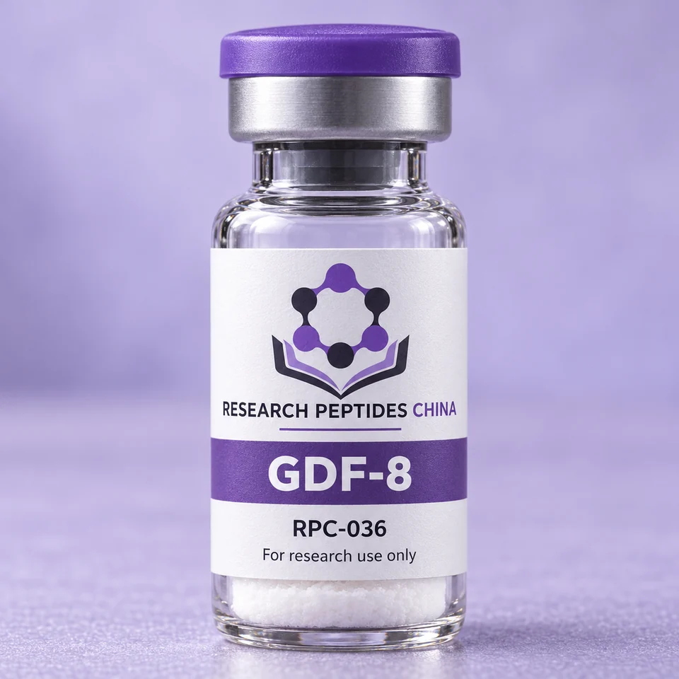 GDF-8 research vial with Research Peptides China logo and research-use label