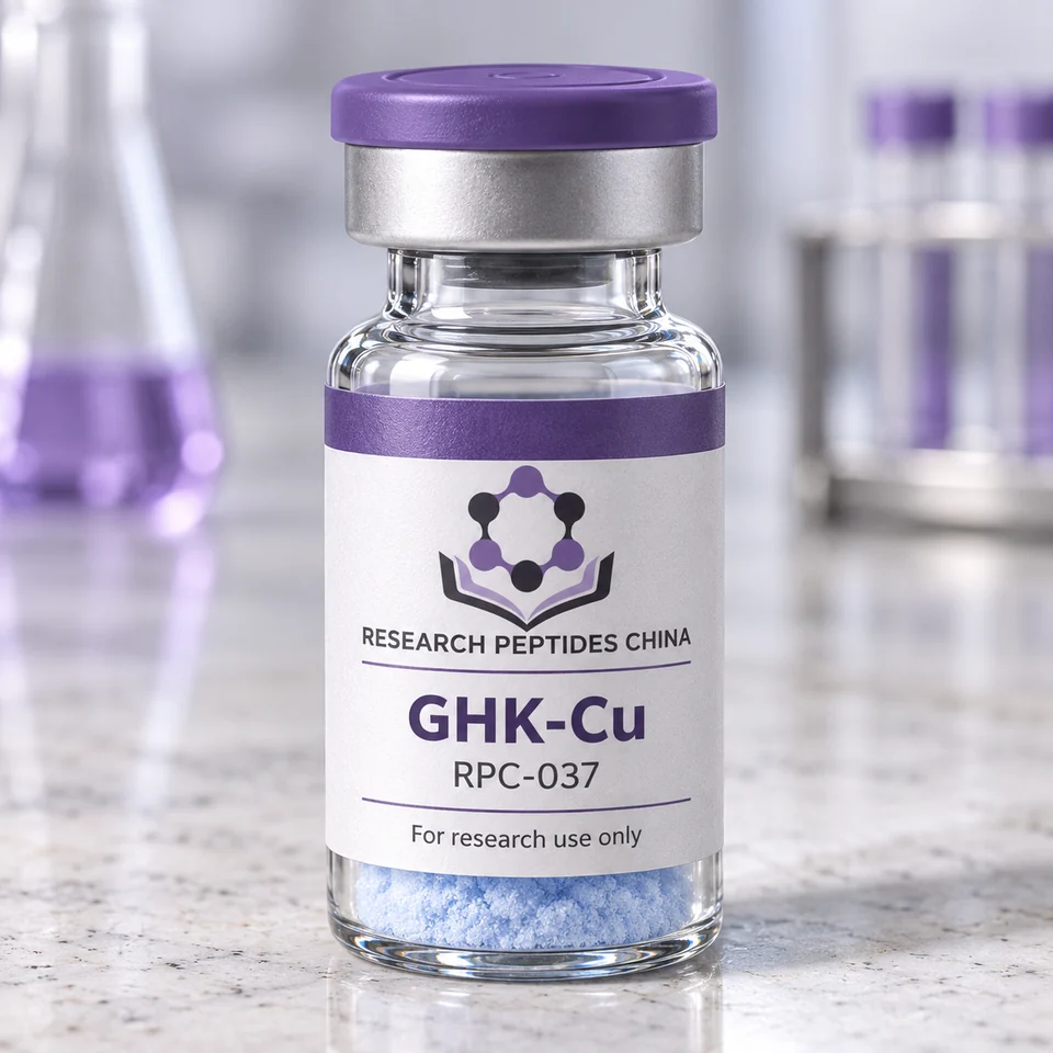 GHK-Cu research vial with Research Peptides China logo and research-use label