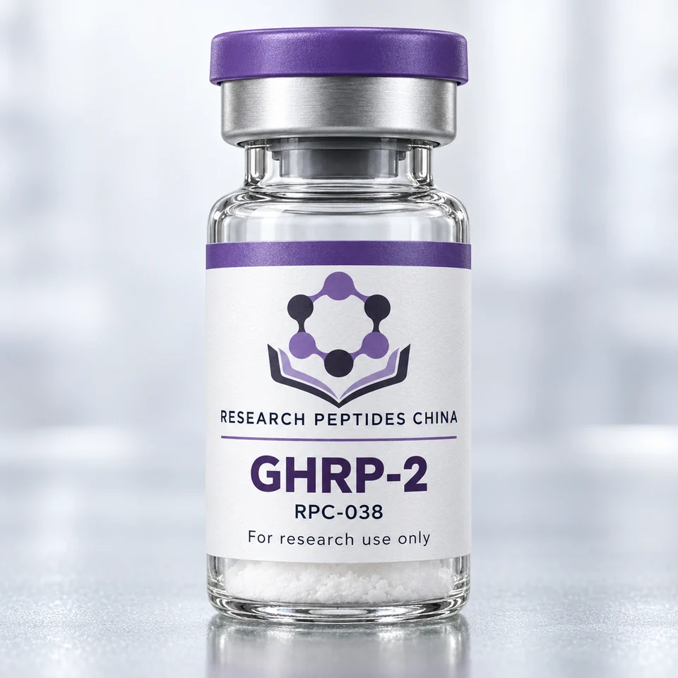 GHRP-2 research vial with Research Peptides China logo and research-use label