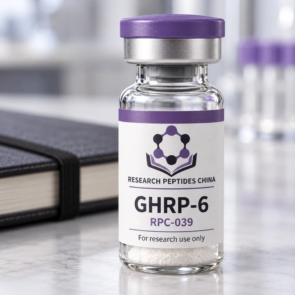 GHRP-6 research vial with Research Peptides China logo and research-use label