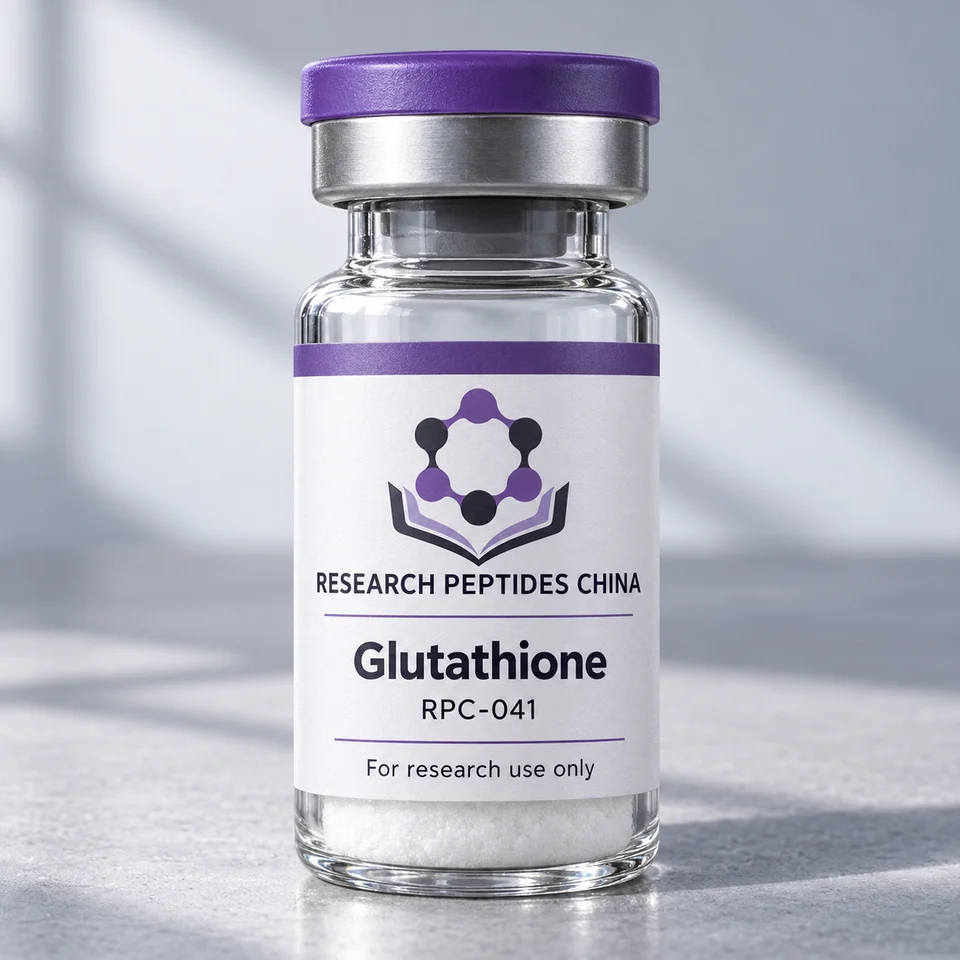 Glutathione research vial with Research Peptides China logo and research-use label