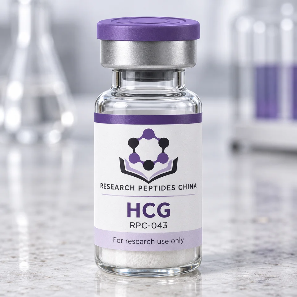 HCG research vial with Research Peptides China logo and research-use label