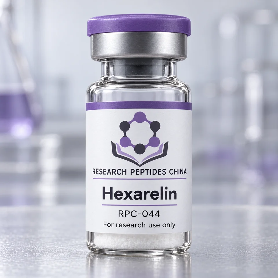 Hexarelin research vial with Research Peptides China logo and research-use label