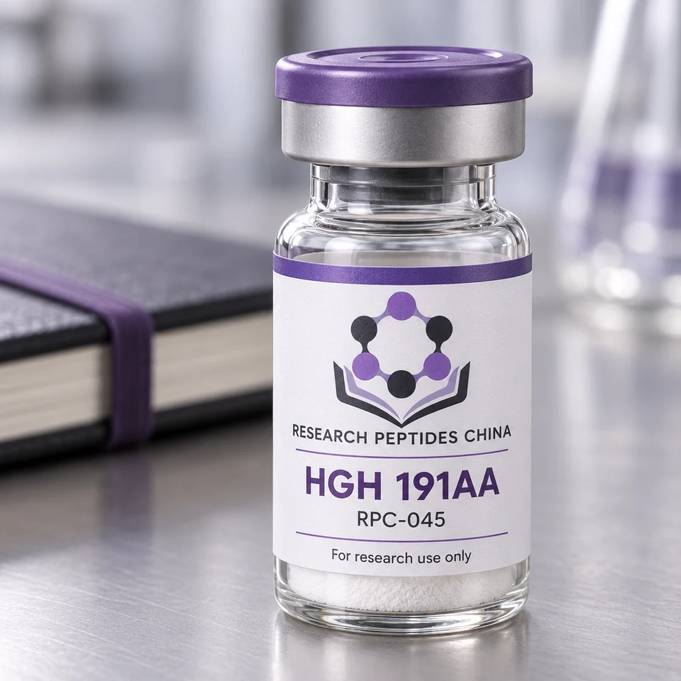 HGH 191AA research vial with Research Peptides China logo and research-use label