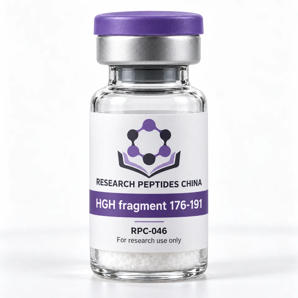 HGH fragment 176-191 research vial with Research Peptides China logo and research-use label
