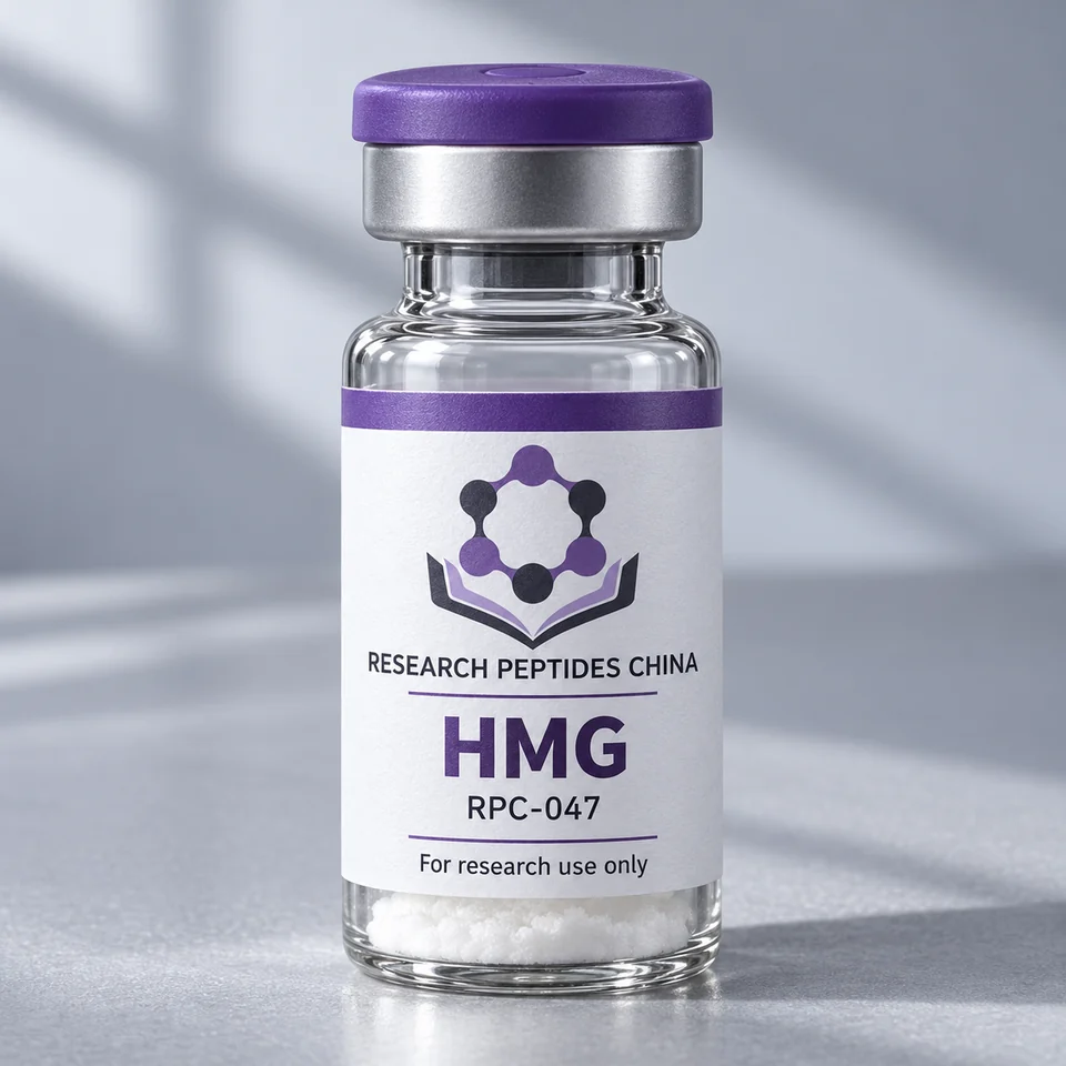 HMG research vial with Research Peptides China logo and research-use label