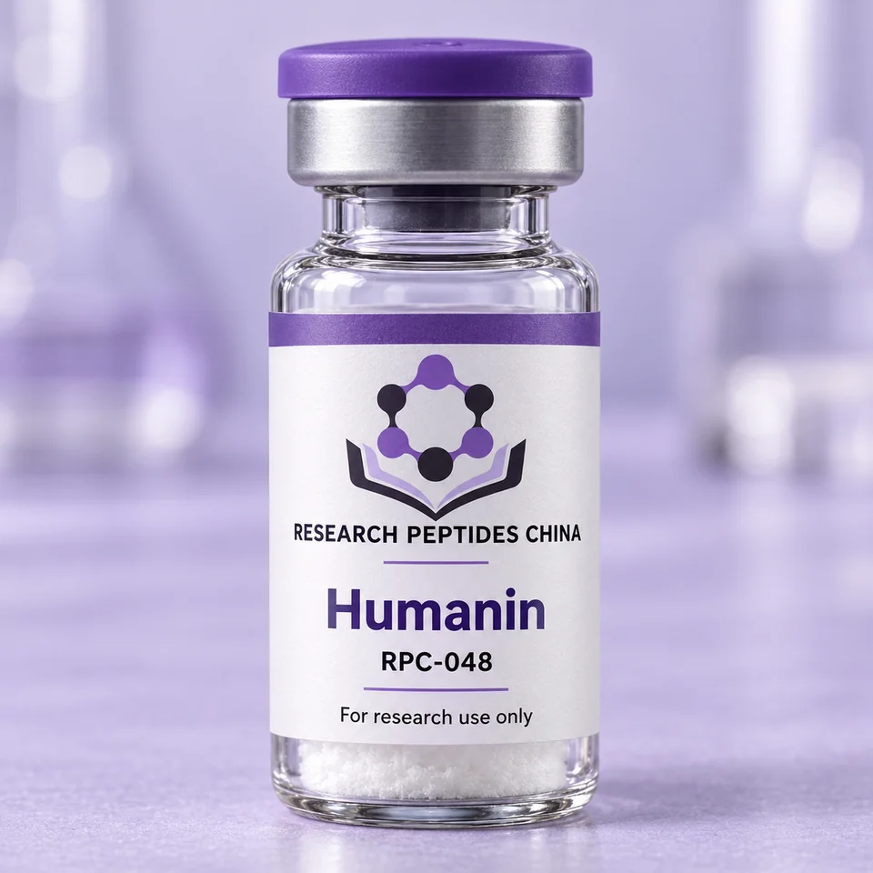 Humanin research vial with Research Peptides China logo and research-use label