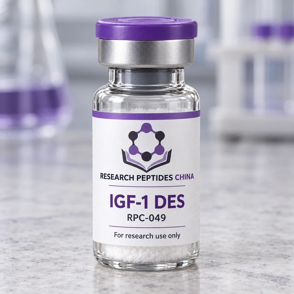 IGF-1 DES research vial with Research Peptides China logo and research-use label