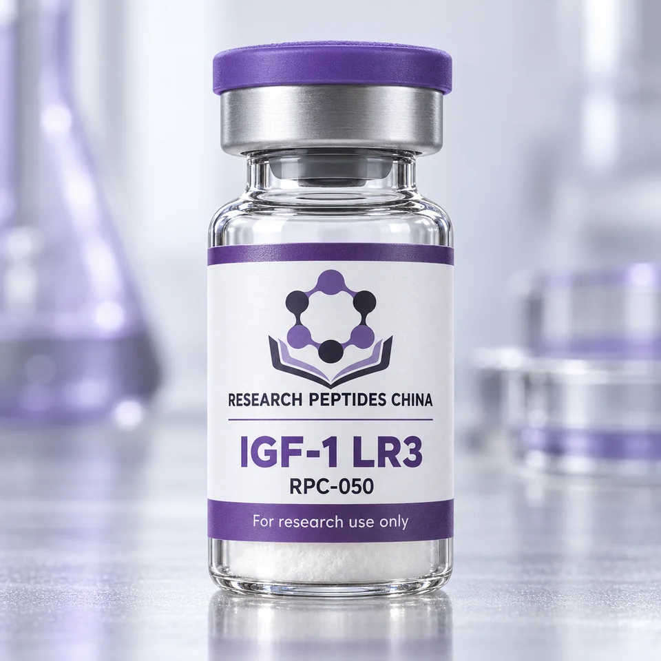 IGF-1 LR3 research vial with Research Peptides China logo and research-use label
