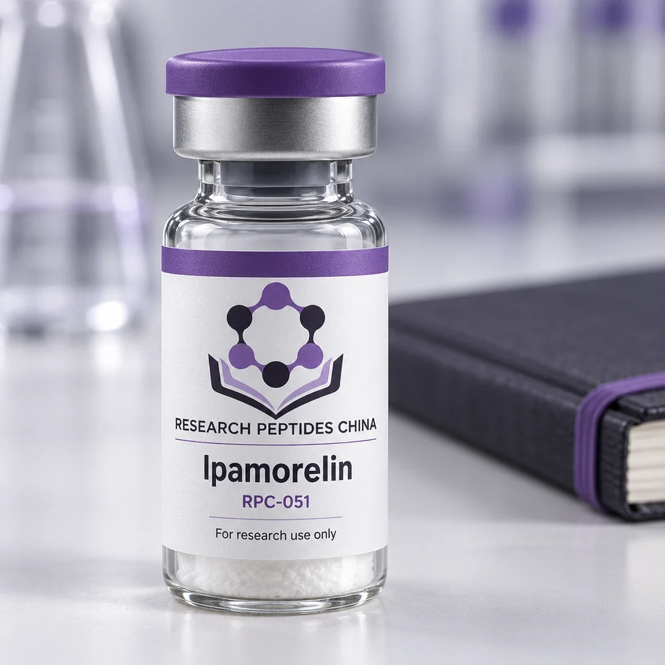 Ipamorelin research vial with Research Peptides China logo and research-use label