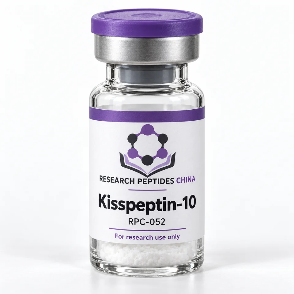 Kisspeptin-10 research vial with Research Peptides China logo and research-use label