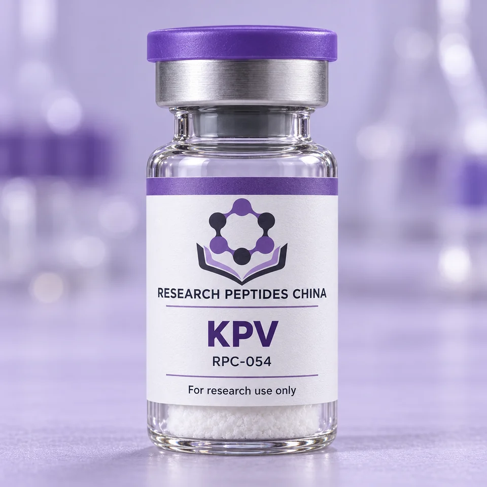 KPV research vial with Research Peptides China logo and research-use label