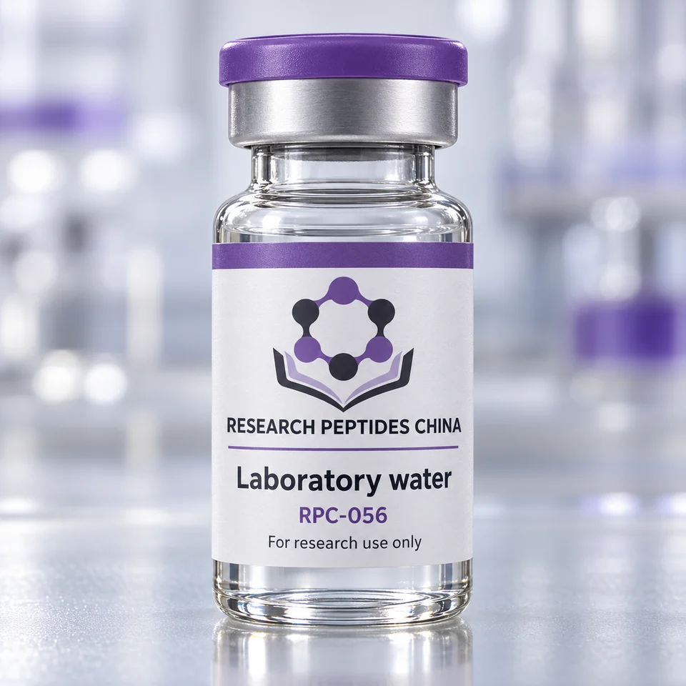 Laboratory water research vial with Research Peptides China logo and research-use label