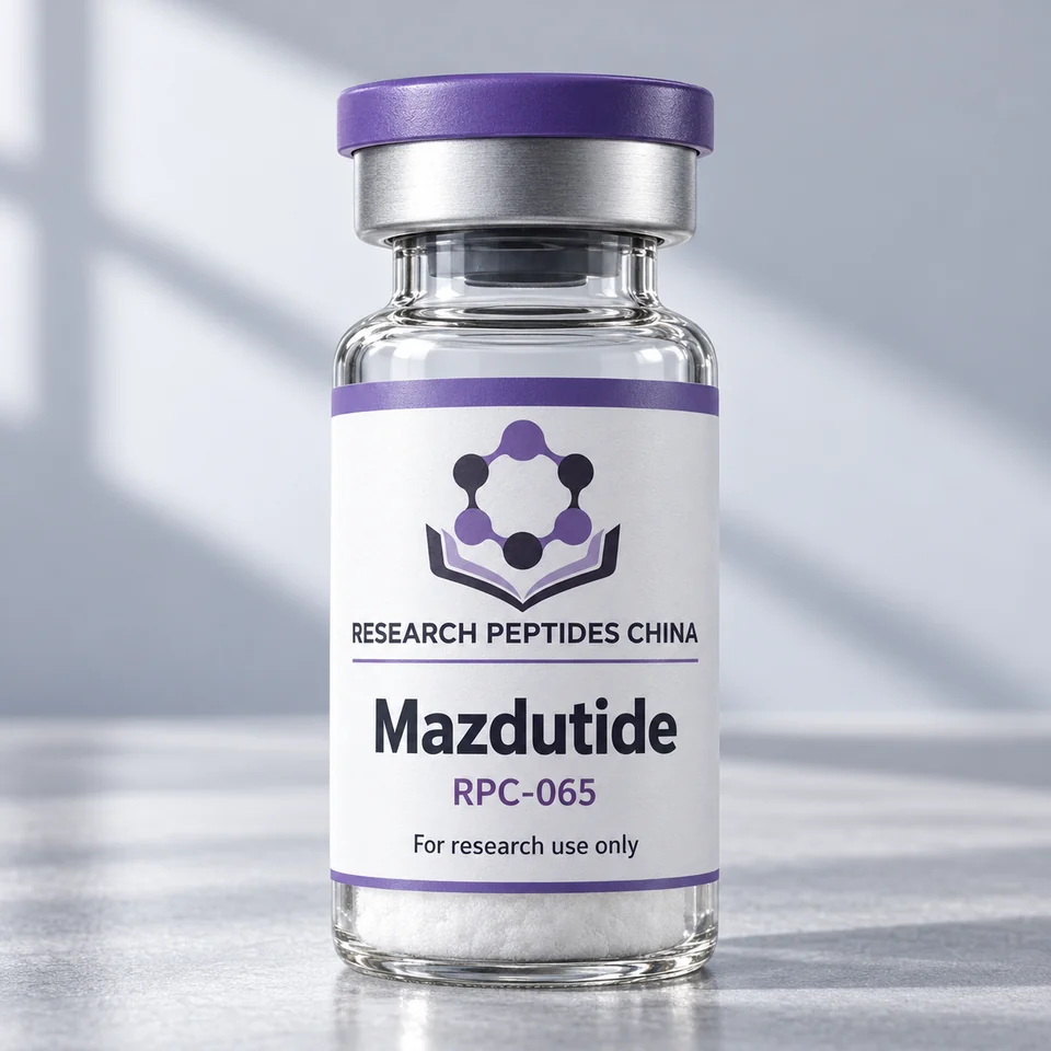 Mazdutide research vial with Research Peptides China logo and research-use label