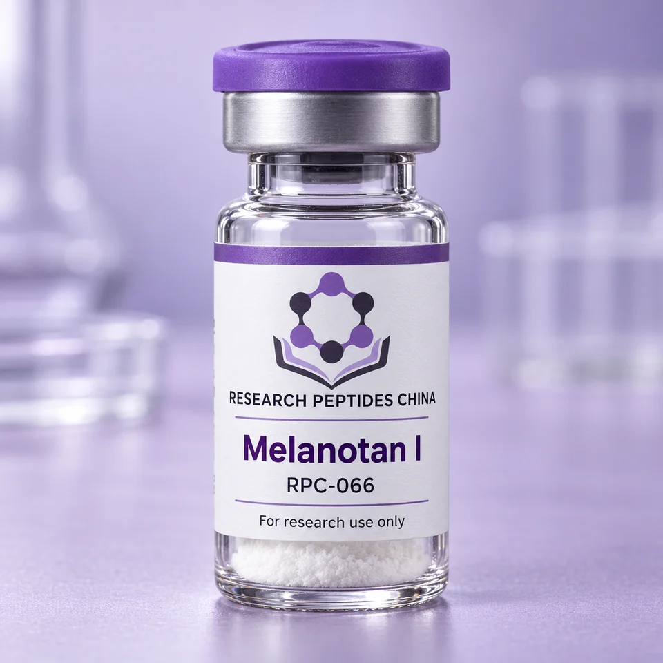 Melanotan I research vial with Research Peptides China logo and research-use label