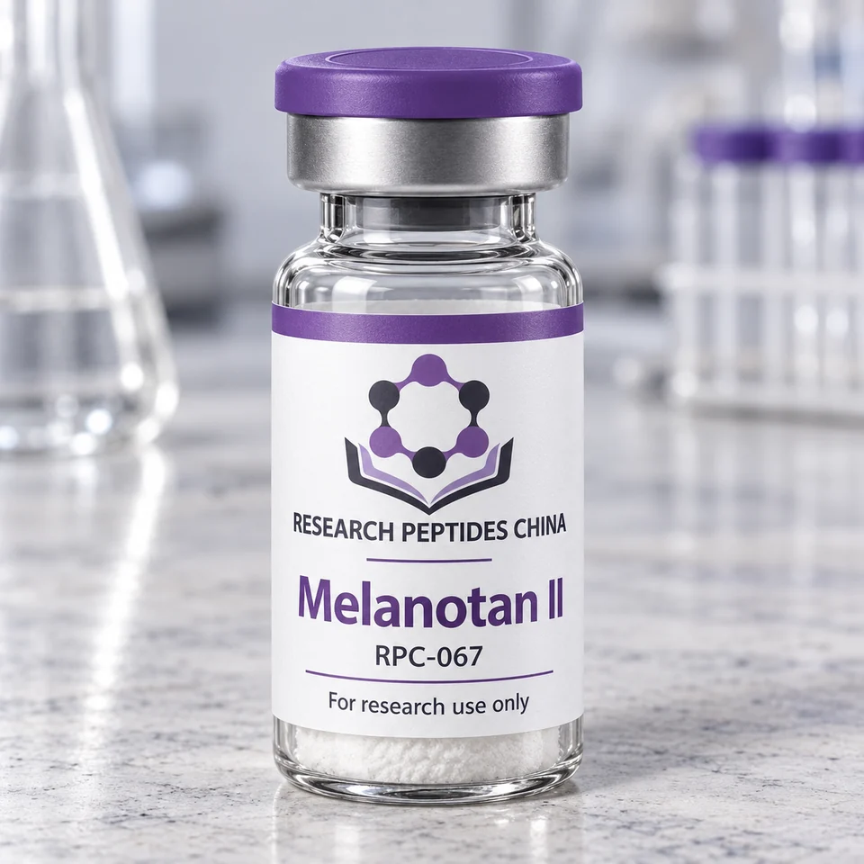 Melanotan II research vial with Research Peptides China logo and research-use label