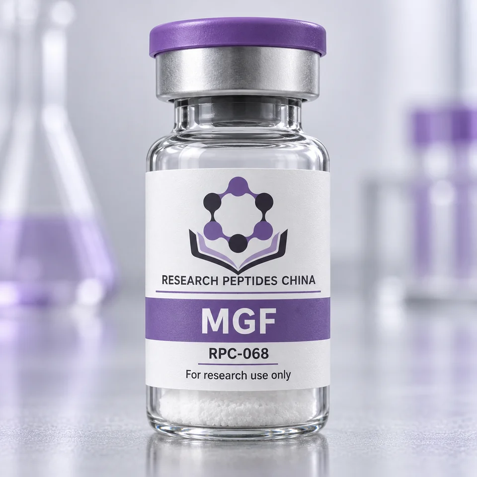 MGF research vial with Research Peptides China logo and research-use label