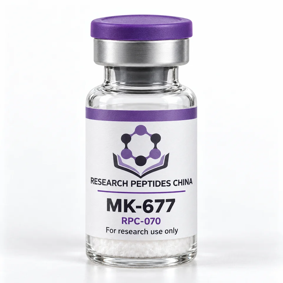 MK-677 research vial with Research Peptides China logo and research-use label