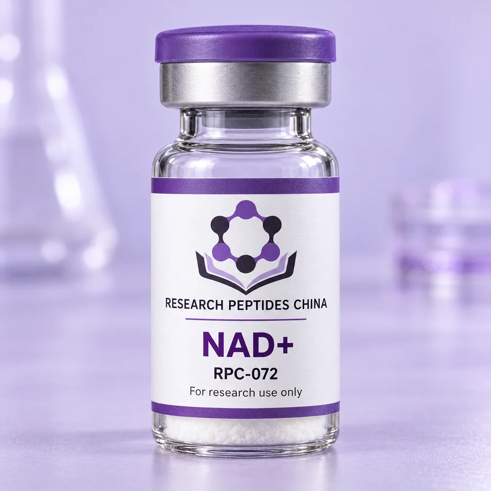 NAD+ research vial with Research Peptides China logo and research-use label