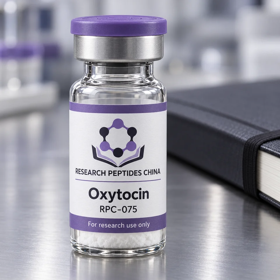 Oxytocin research vial with Research Peptides China logo and research-use label
