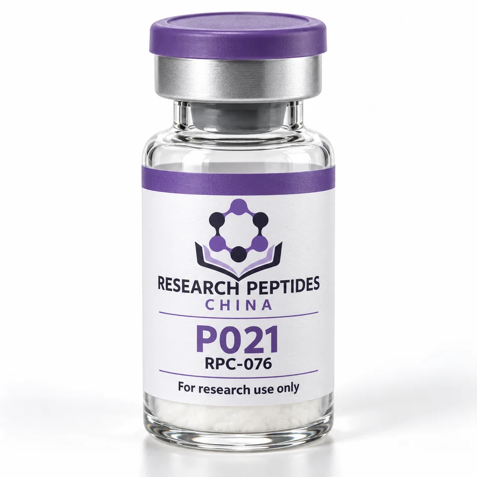 P021 research vial with Research Peptides China logo and research-use label