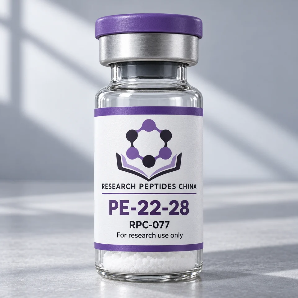PE-22-28 research vial with Research Peptides China logo and research-use label