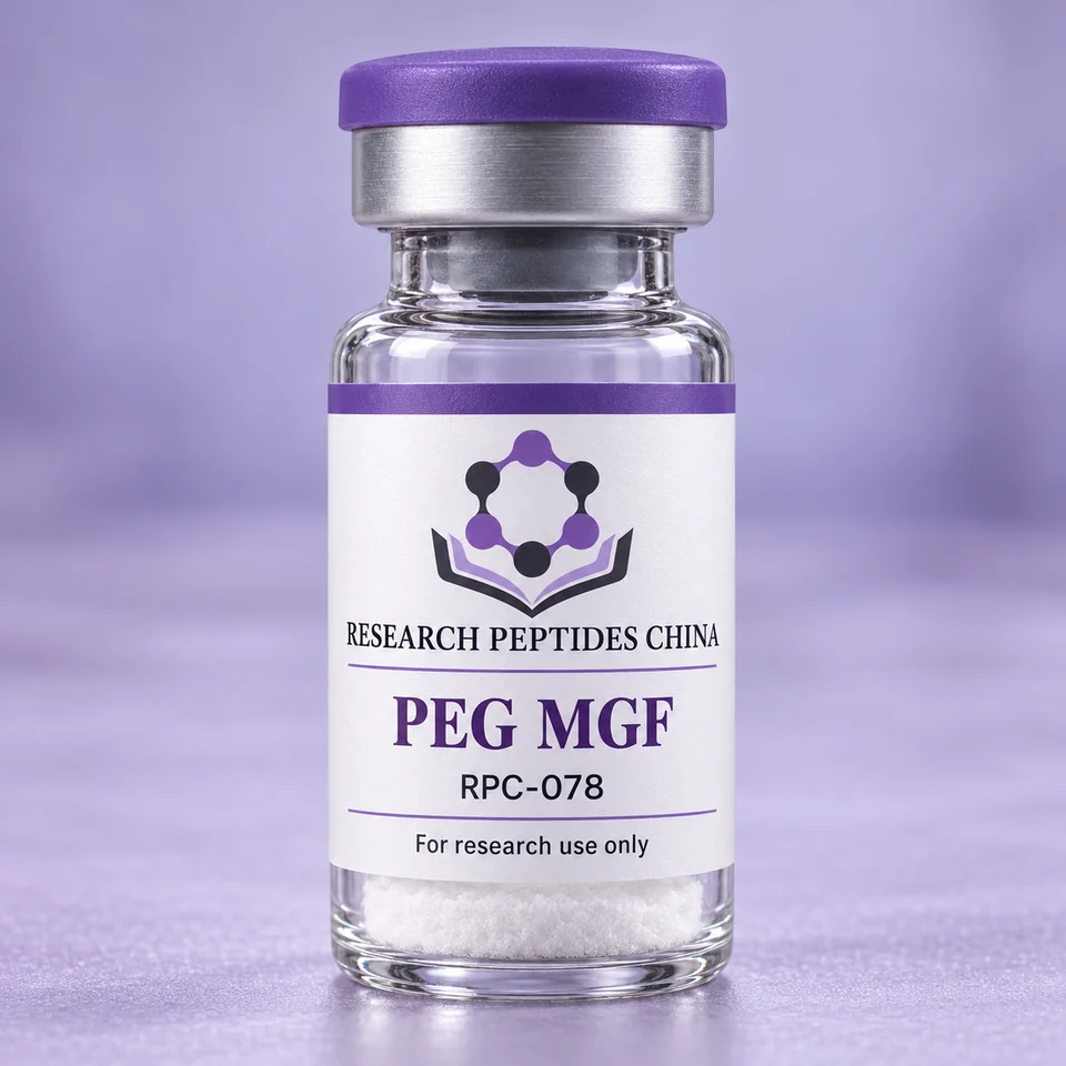 PEG MGF research vial with Research Peptides China logo and research-use label