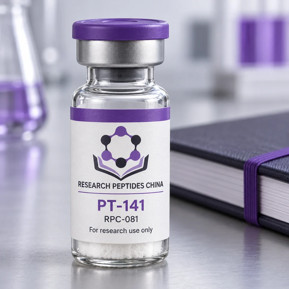 PT-141 research vial with Research Peptides China logo and research-use label