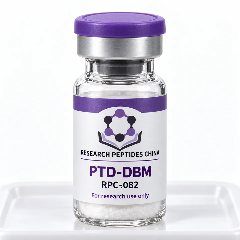 PTD-DBM research vial with Research Peptides China logo and research-use label