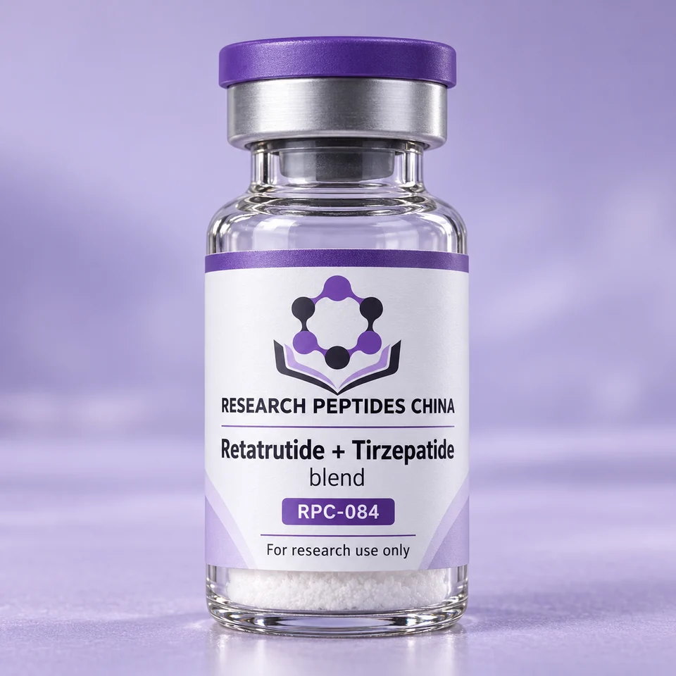 Retatrutide + Tirzepatide blend research vial with Research Peptides China logo and research-use label