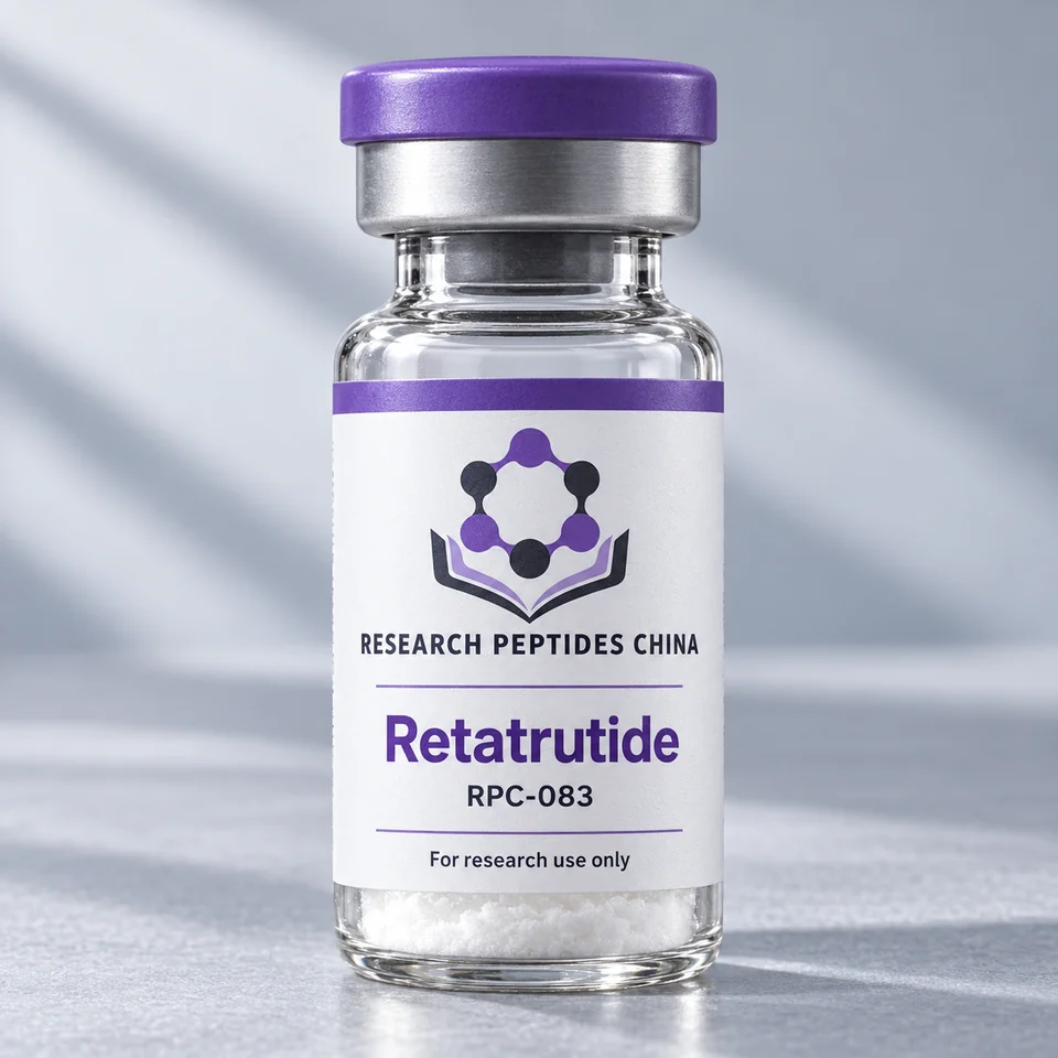 Retatrutide research vial with Research Peptides China logo and research-use label