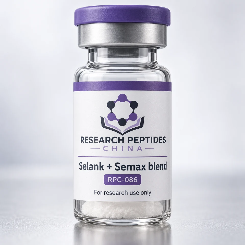 Selank + Semax blend research vial with Research Peptides China logo and research-use label