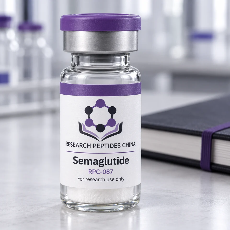 Semaglutide research vial with Research Peptides China logo and research-use label
